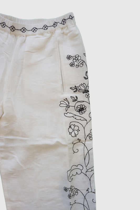 Pantalone in lino bianco ricamato